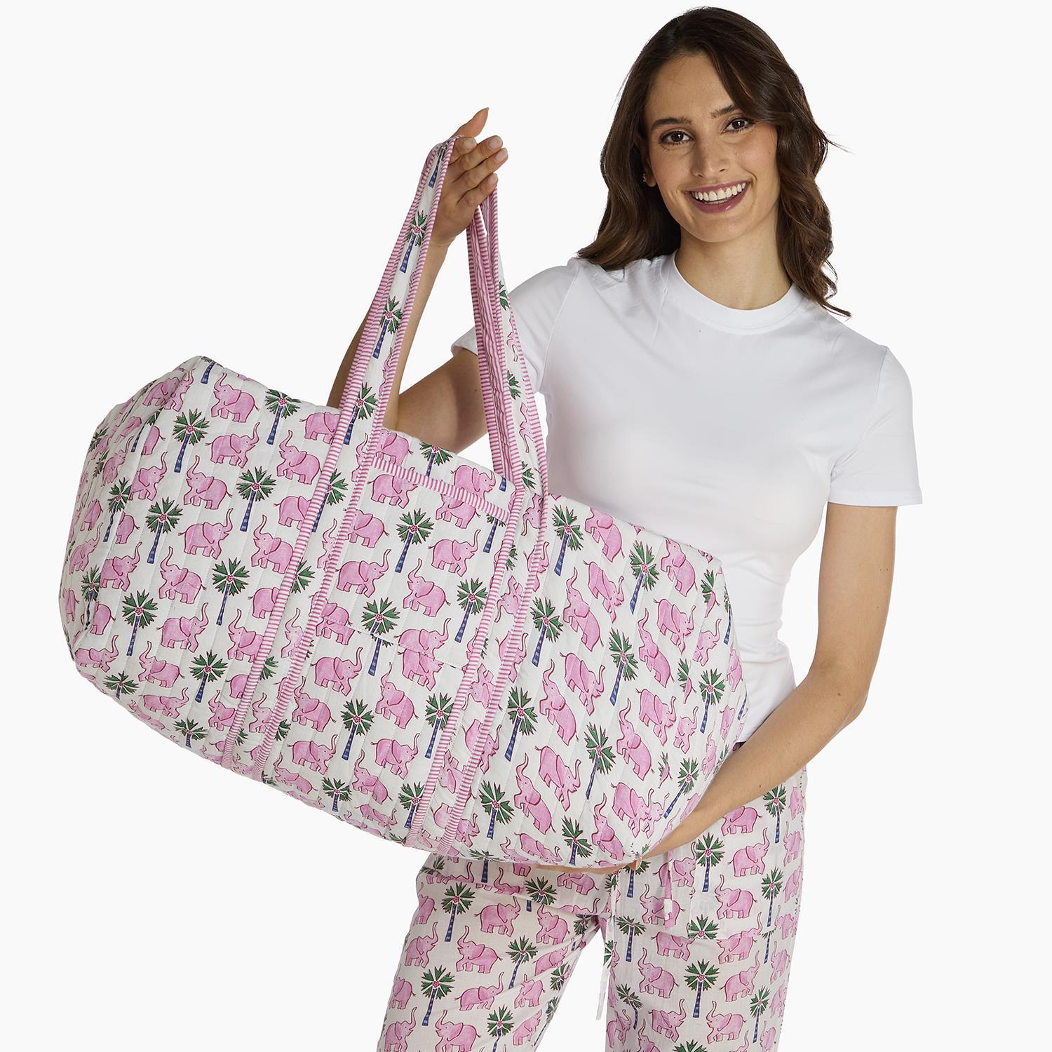 Lucky Elephant Printed Cotton Quilted Weekender Bag