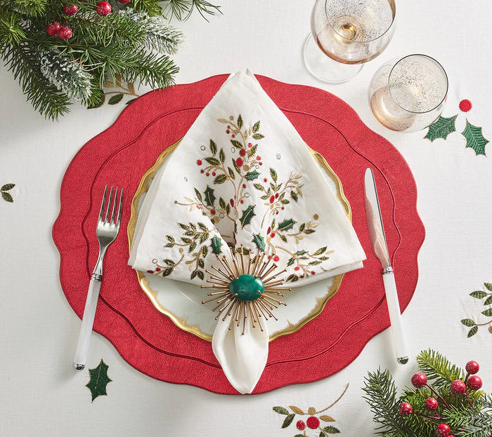 Holly Napkin in White, Red & Green
