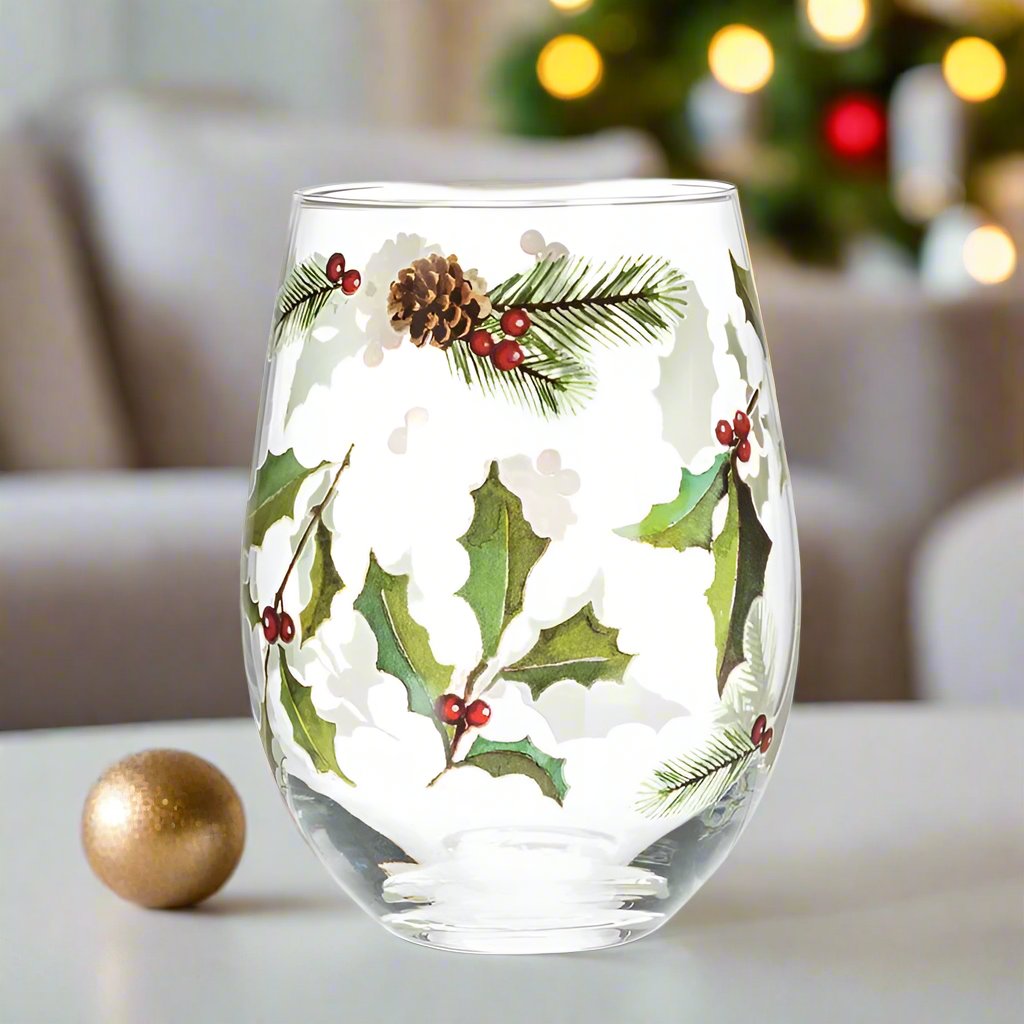 Holly, Pinecones & Berries Stemless Wine Glass, Set of 4