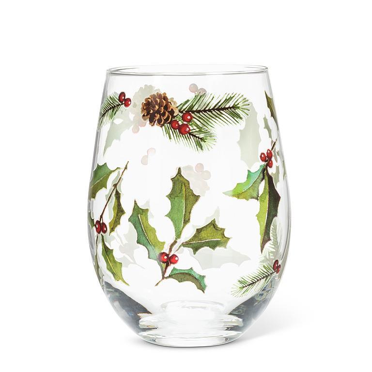 Holly, Pinecones & Berries Stemless Wine Glass, Set of 4