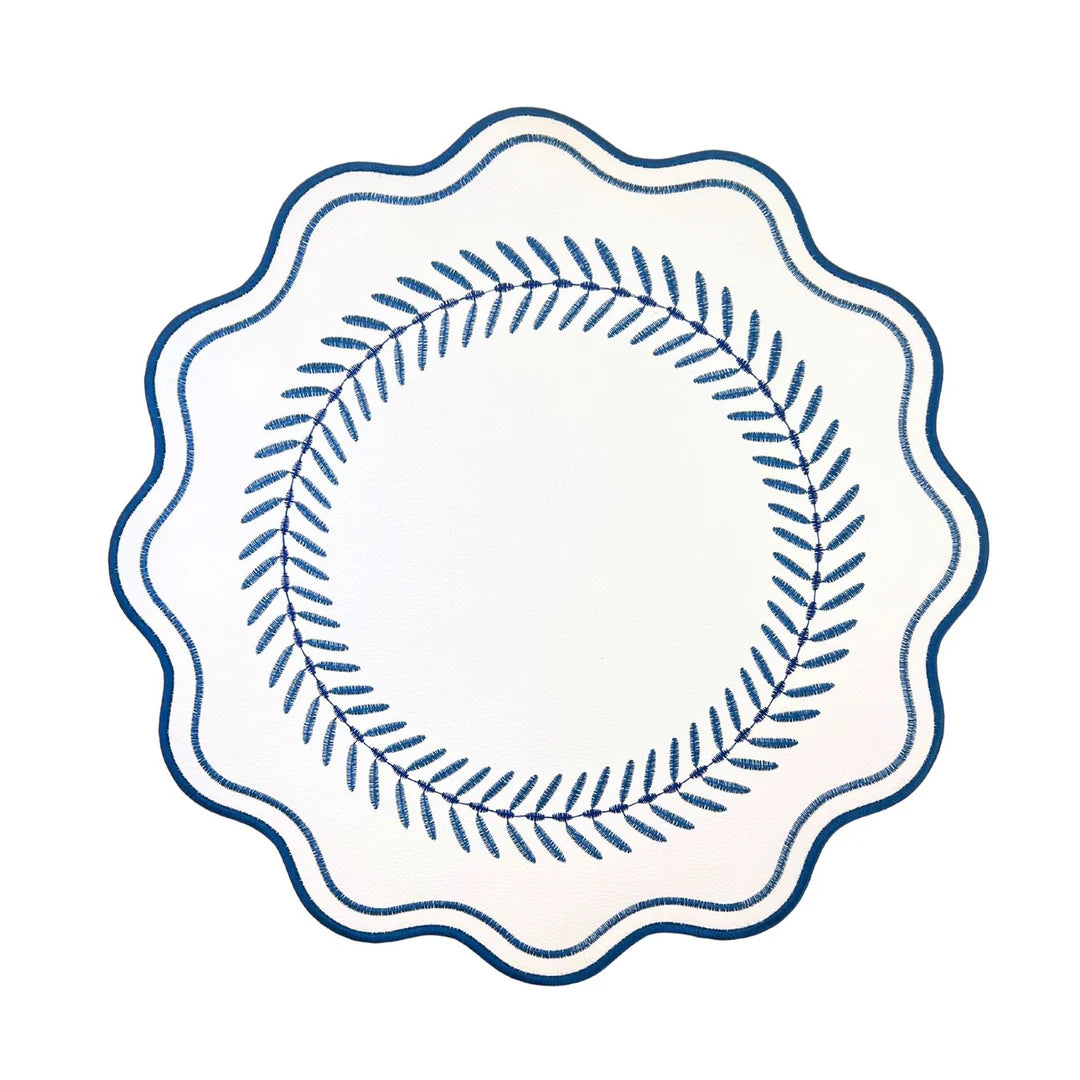 Navy Scalloped Embroidered Feather Placemats, Set of 4