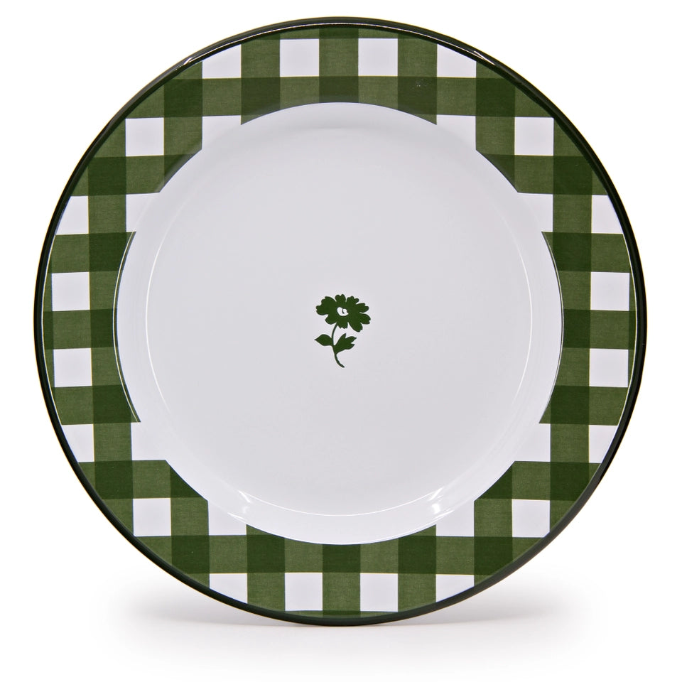Forest Green Gingham Enamelware Dinner Plate, Set of 4