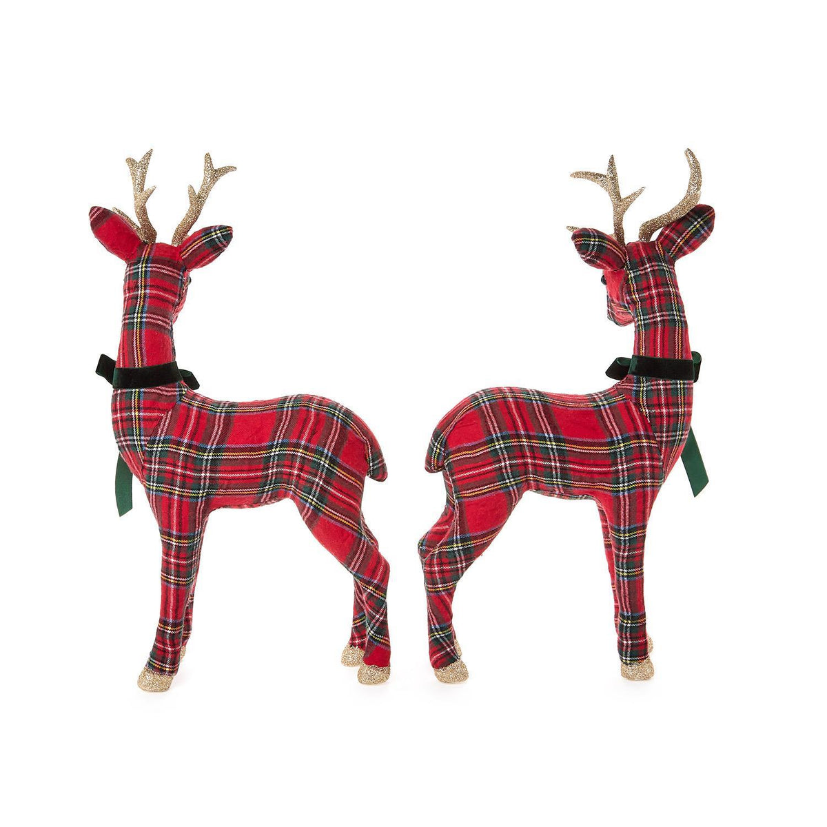 Holiday Tartan Deer with Velvet Bow and Glitter Accents, Set of 2