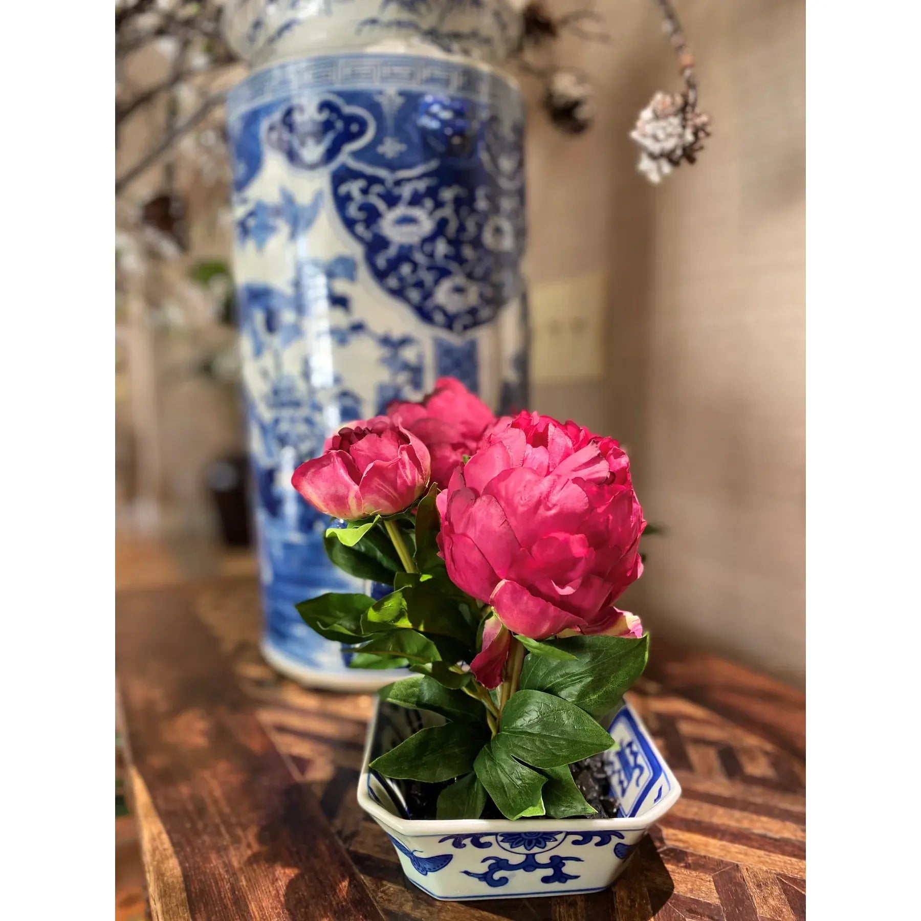 Peony Cutting in Blue & White Porcelain Dish, 10"