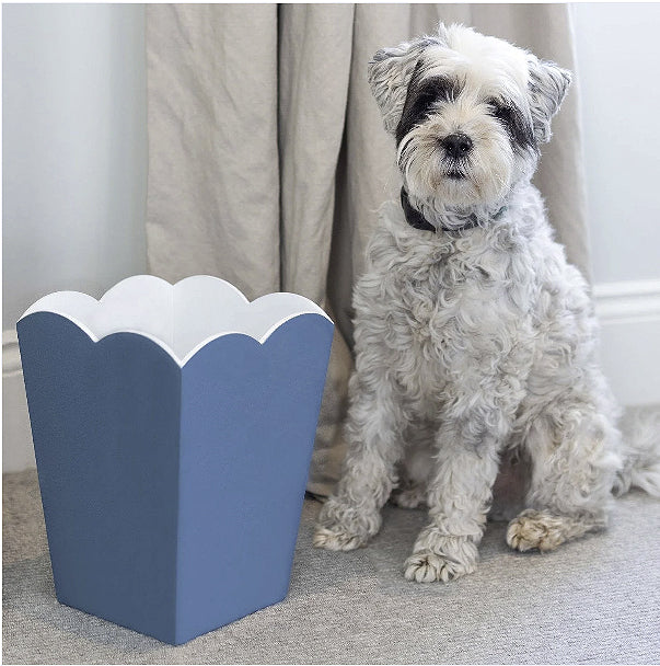 Denim & White Scalloped Lacquer Wastebasket