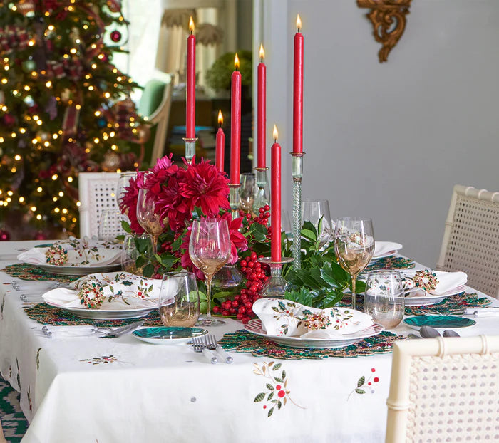Holly Tablecloth in White, Red and Green
