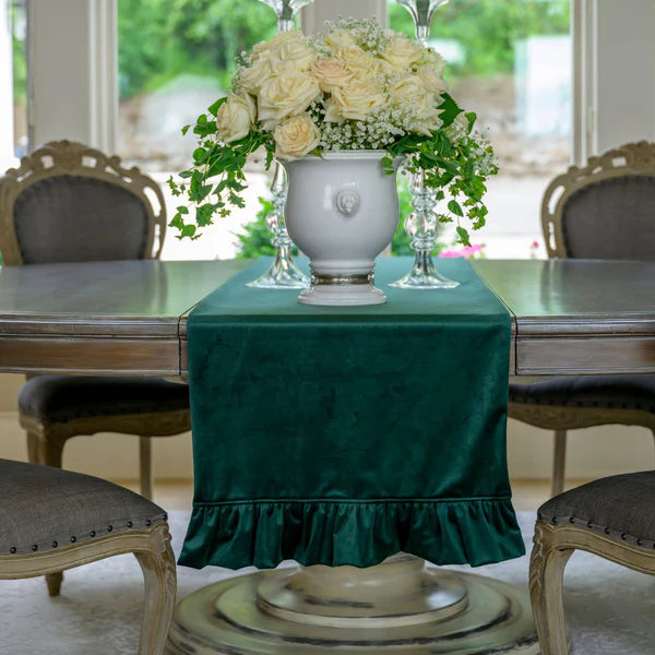 Velvet Forest Green Table Runner with Ruffle