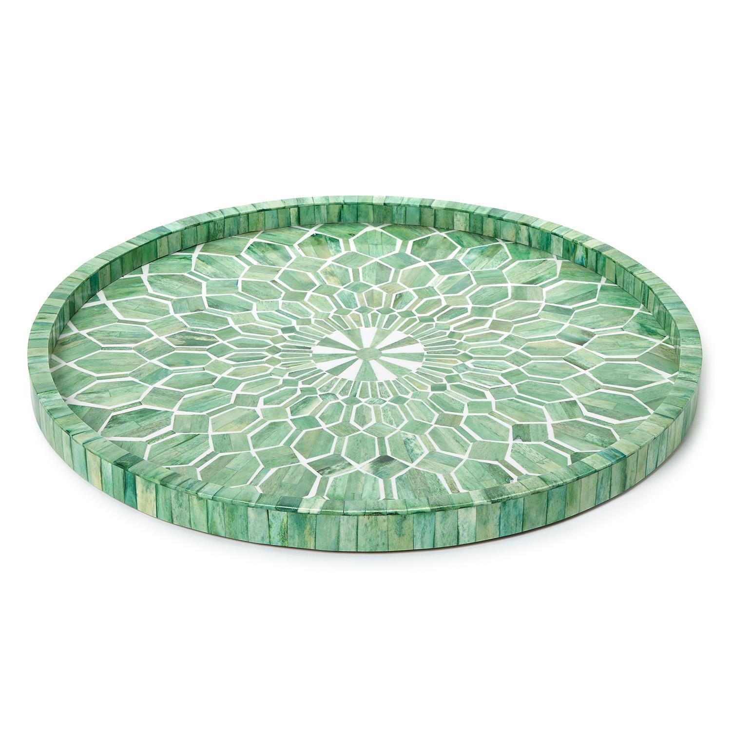 Emerald Cut Hand Inlaid Decorative Round Serving Tray