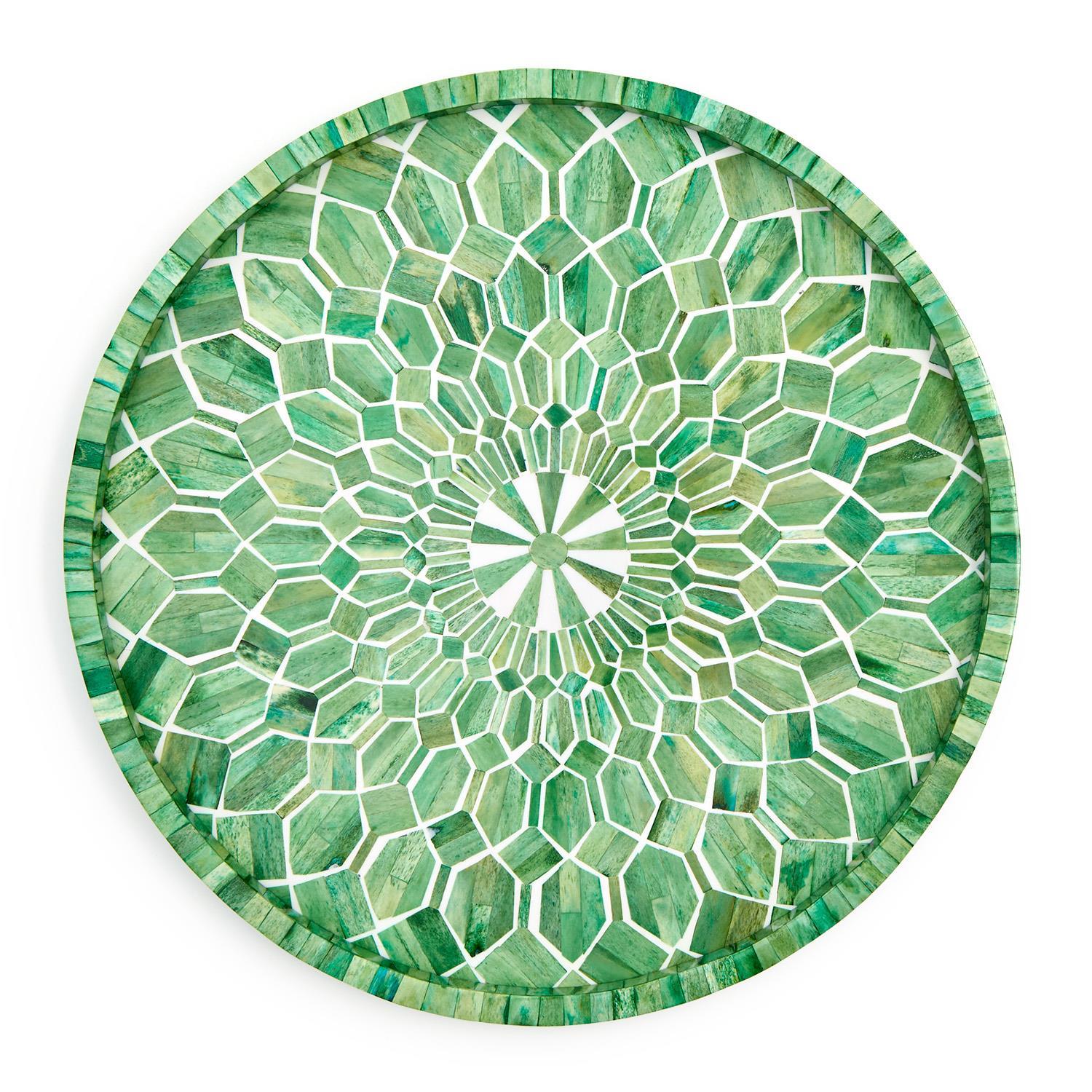 Emerald Cut Hand Inlaid Decorative Round Serving Tray