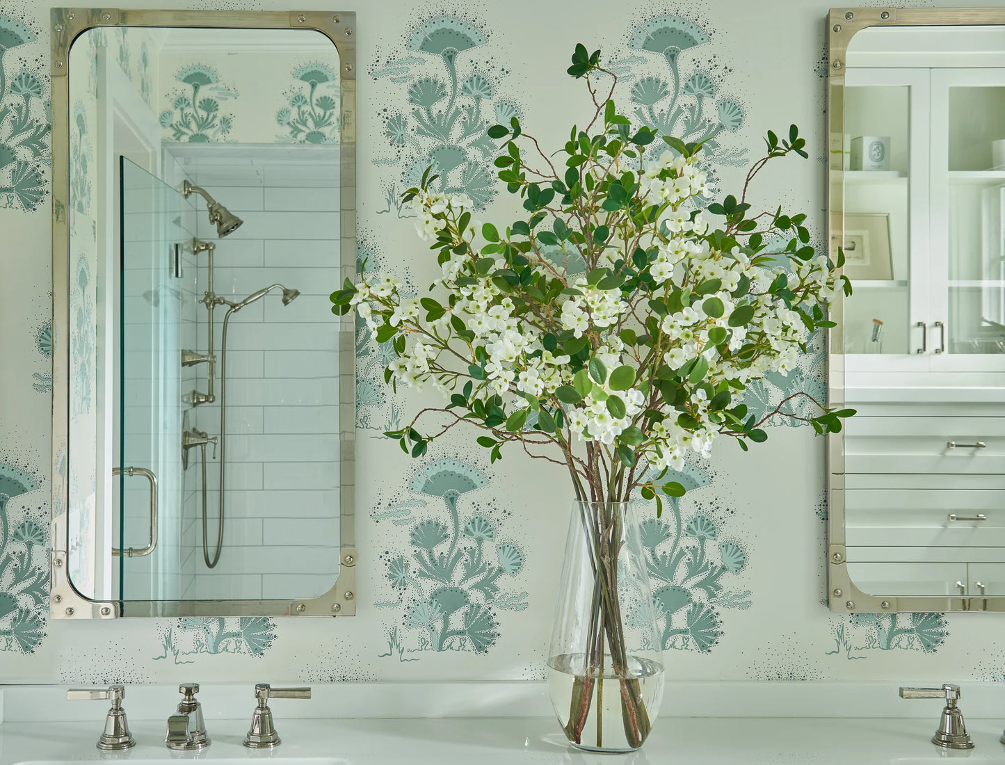 Diane James White Blossom and Leaf Bouquet in Teardrop Vase