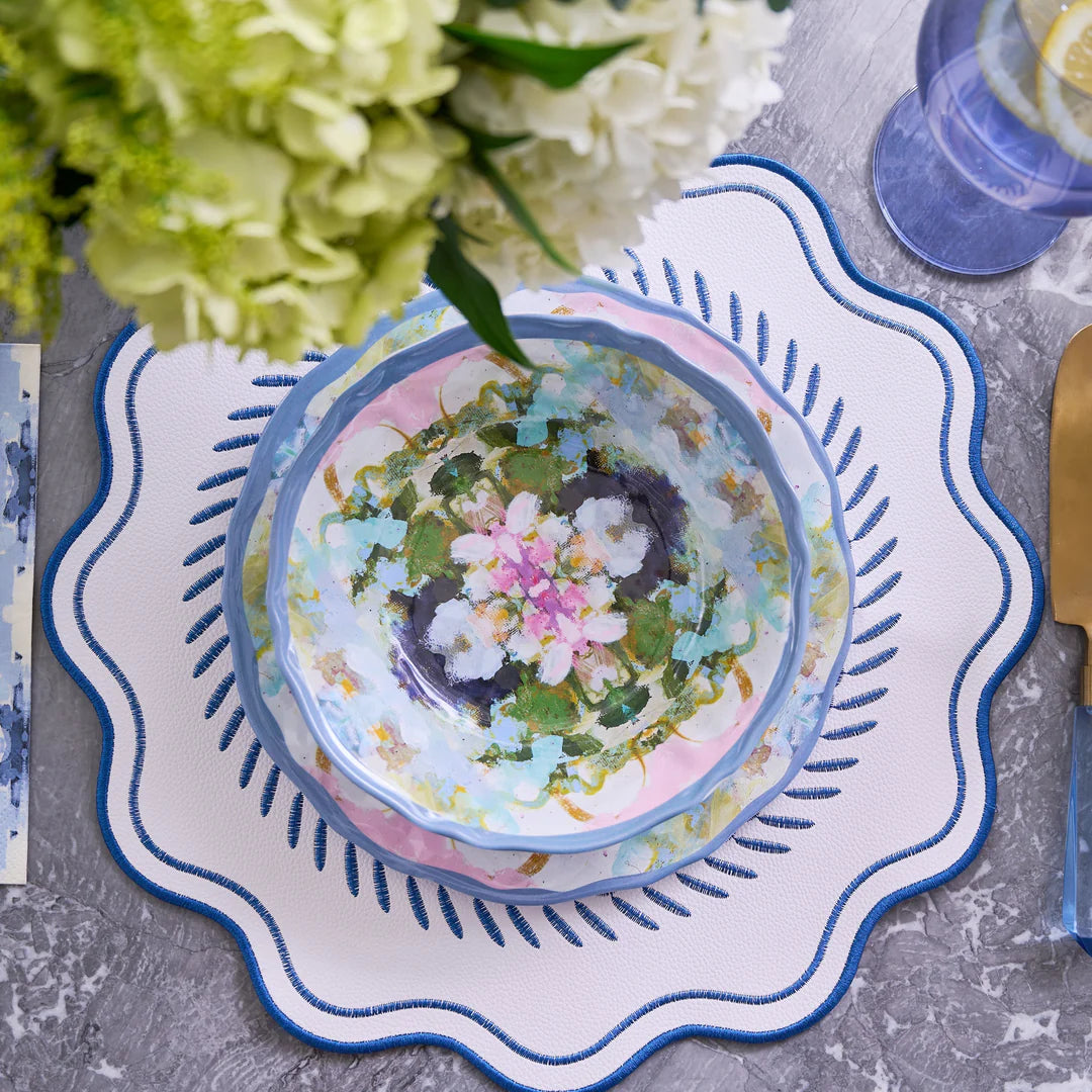 Navy Scalloped Embroidered Feather Placemats, Set of 4
