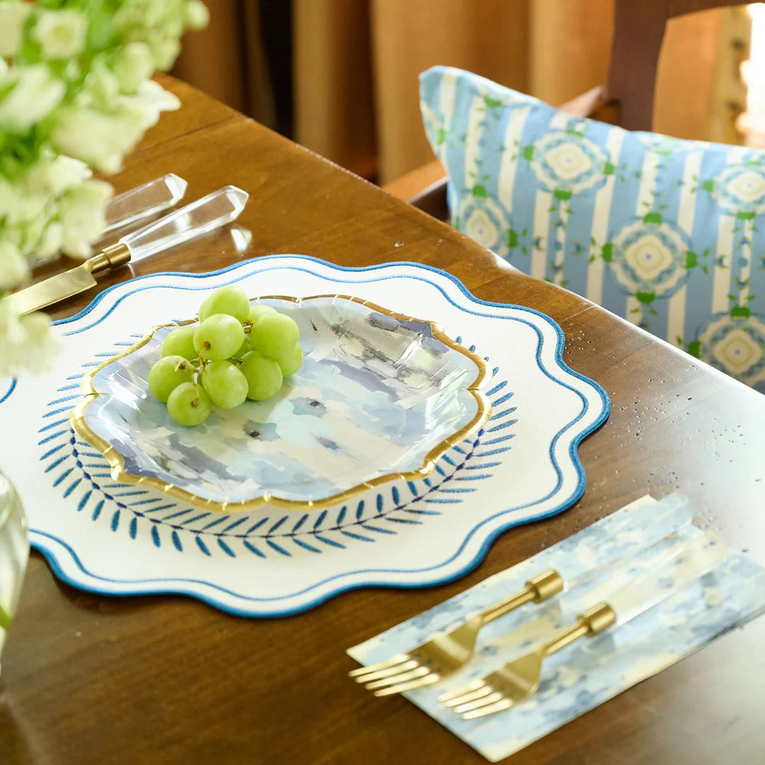 Navy Scalloped Embroidered Feather Placemats, Set of 4