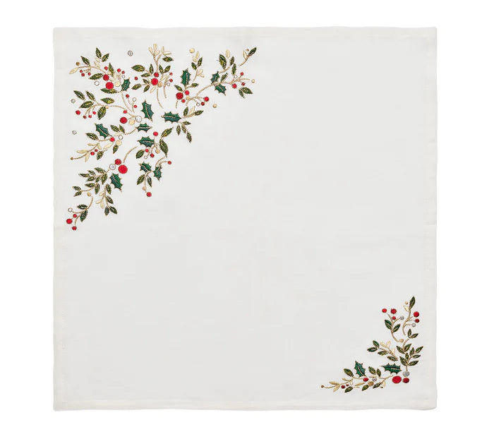 Holly Napkin in White, Red & Green