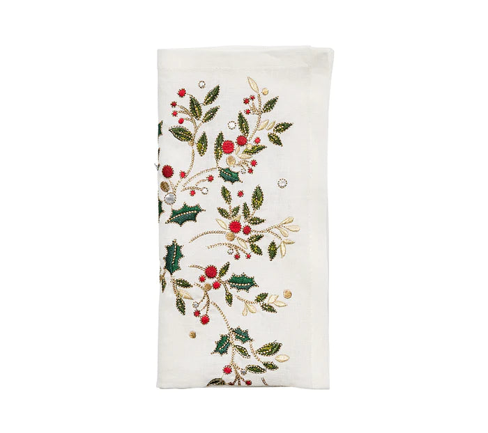 Holly Napkin in White, Red & Green