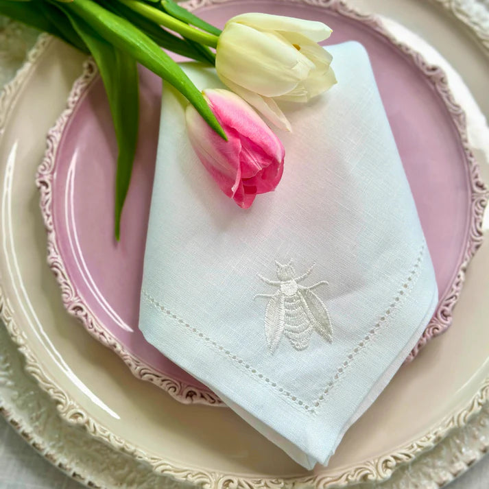 Hemstitch Bee on Italian Linen Large Napkin, Set of 4