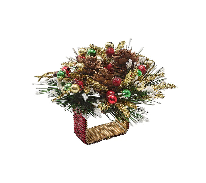Winter Wreath Napkin Ring in Red, Green & Gold, Set of 4