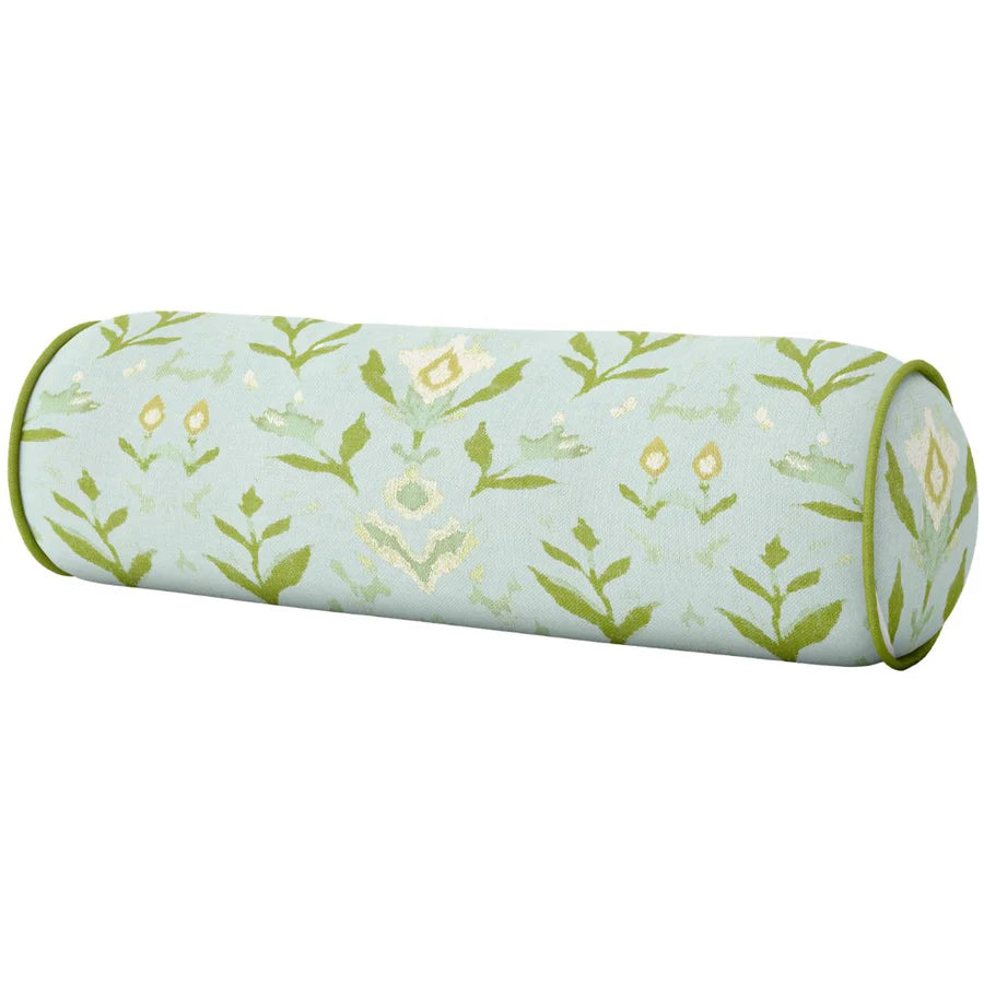 Petal Garden Aqua with Green Piping Round Bolster Pillow