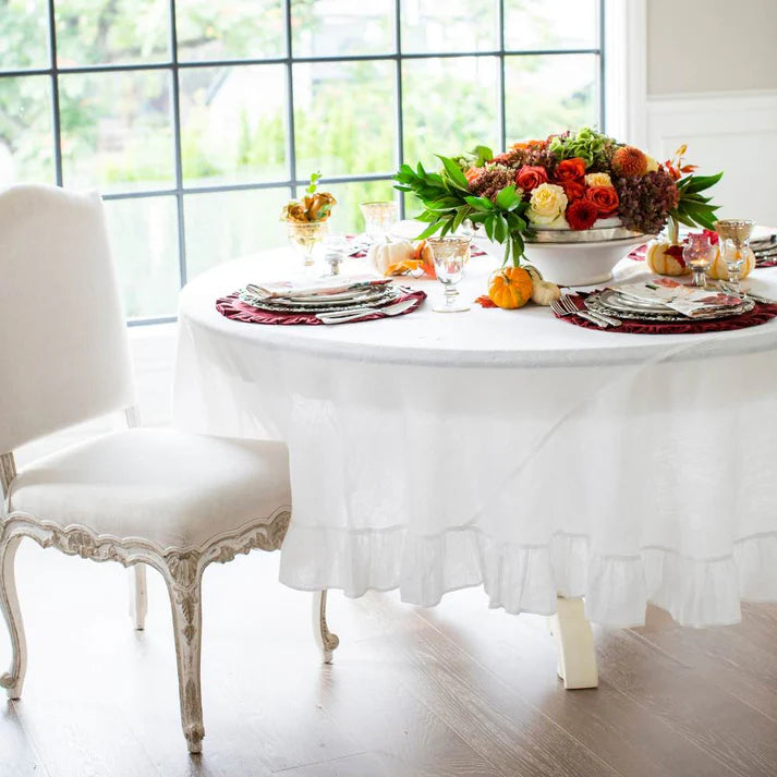 Solid Round Linen Tablecloth with Ruffle, 90"