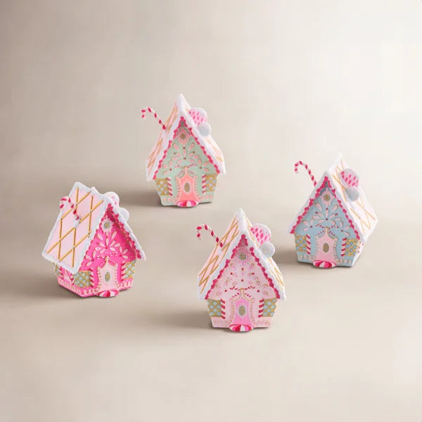 Rainbow Gingerbread Cottage Christmas Ornament, Hot Pink