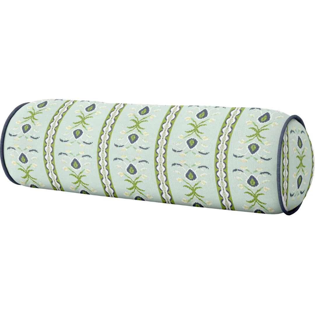 Rosemary Stripe Lagoon with Navy Piping Round Bolster Pillow