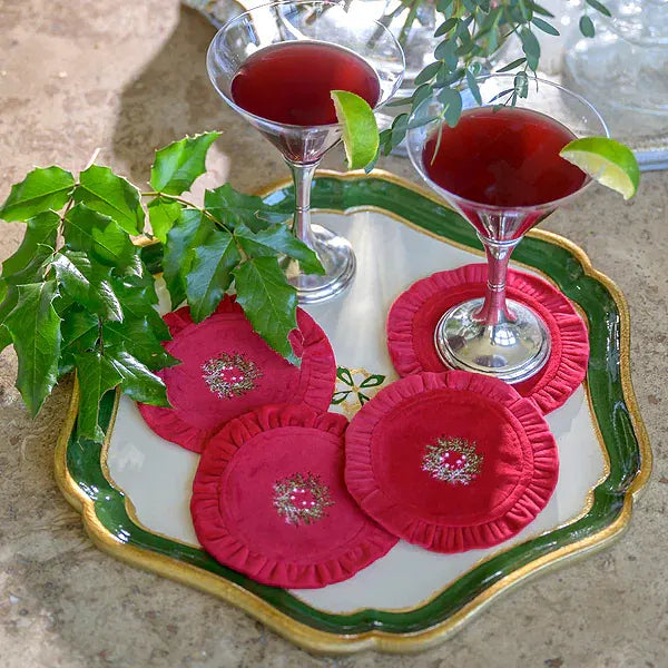 Mini Wreath Round Ruffle Velvet Coaster, Set of 4