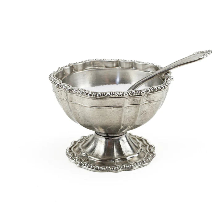 Vintage Beaded Pewter Salt Cellar with Spoon