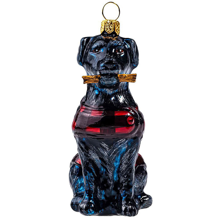 Black Lab in Buffalo Check Coat & Fetching Stick Christmas Ornament