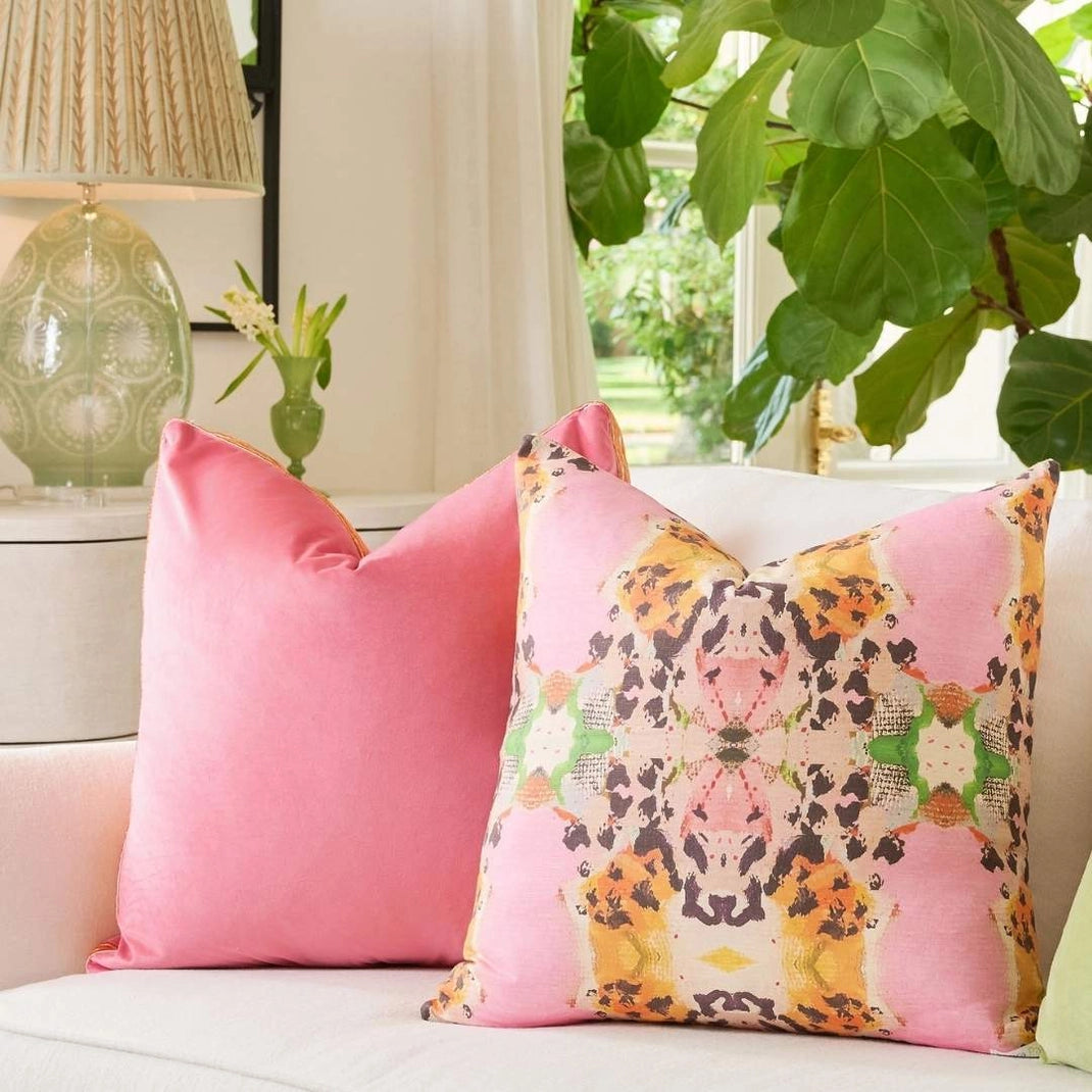 Hot Pink Velvet Pillow with Orange Embroidery