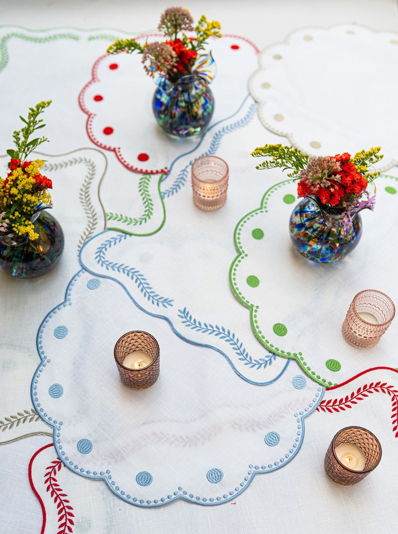 Tessuti White Round Placemats with Cornflower Blue Dots - Set of 4