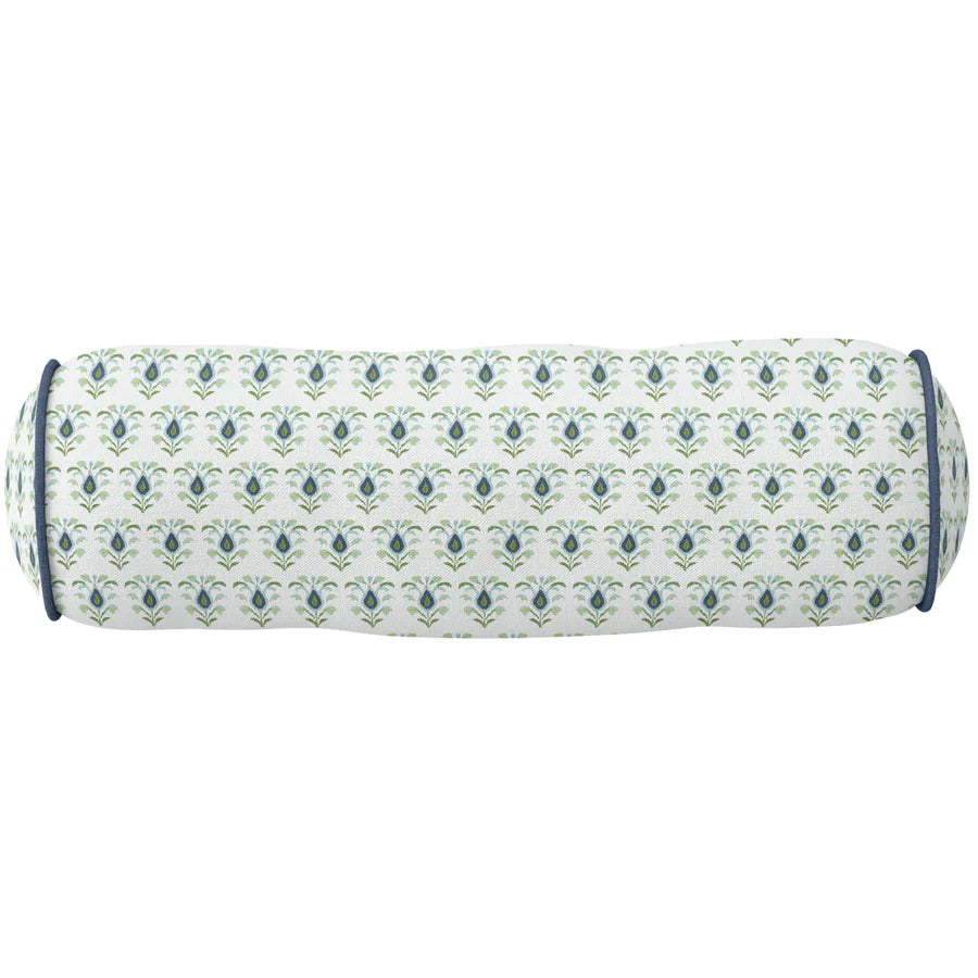 Rosemary White with Navy Piping Round Bolster Pillow