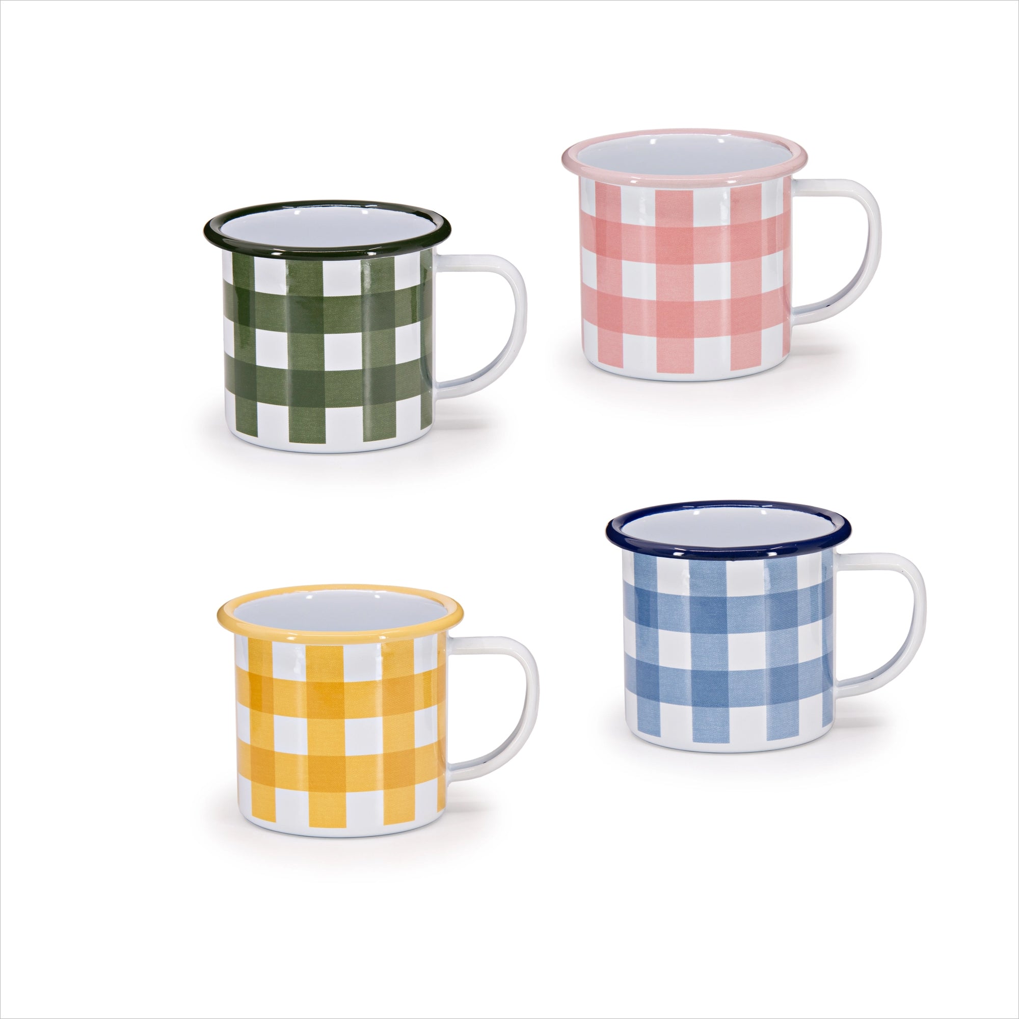 Gingham Enamelware Mugs, Set of 4