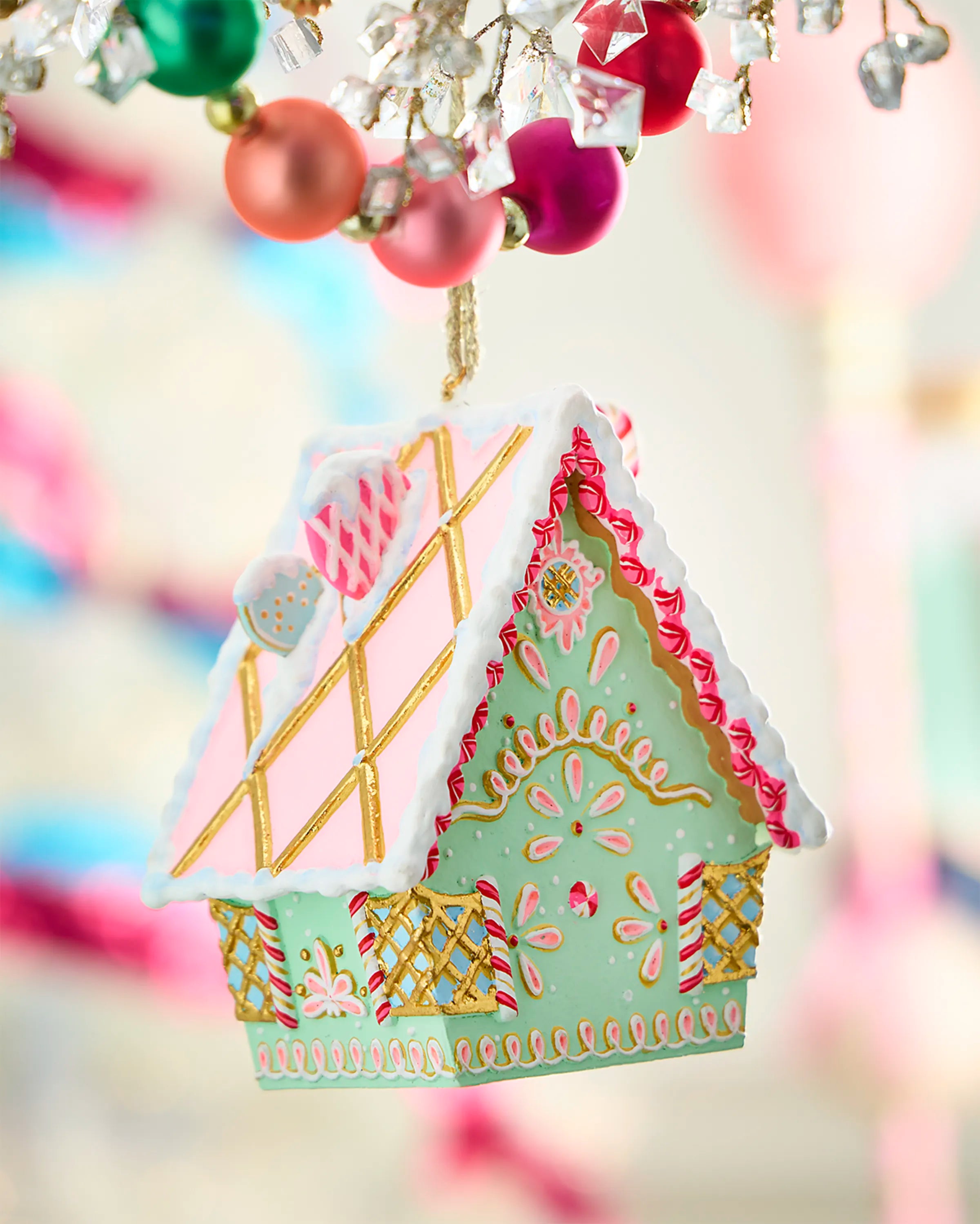 Rainbow Gingerbread Cottage Christmas Ornament, Green