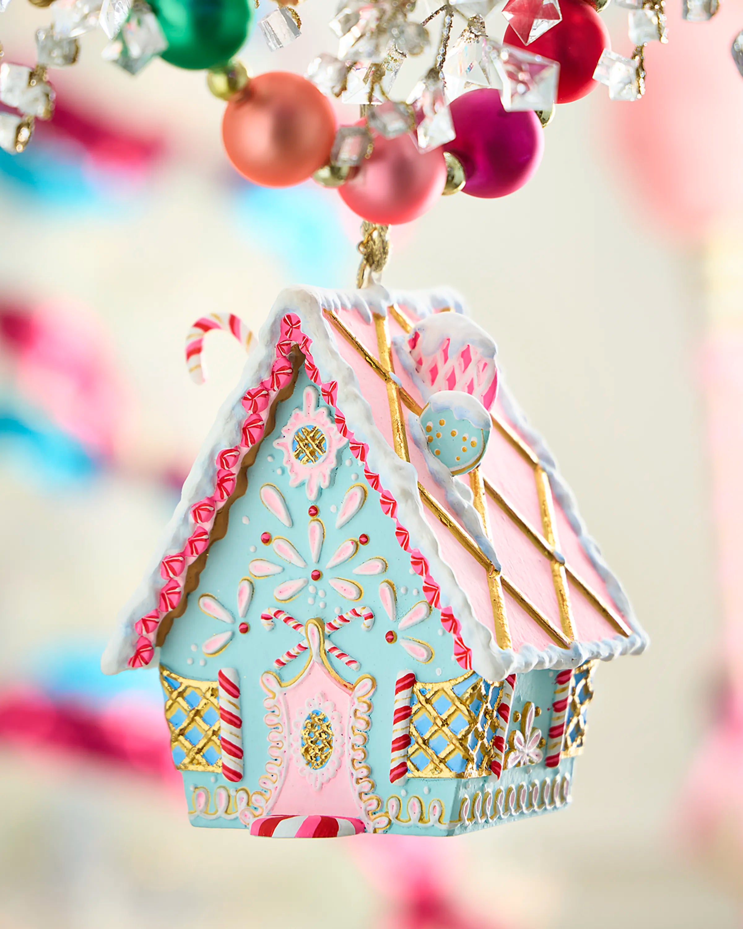 Rainbow Gingerbread Cottage Christmas Ornament, Blue