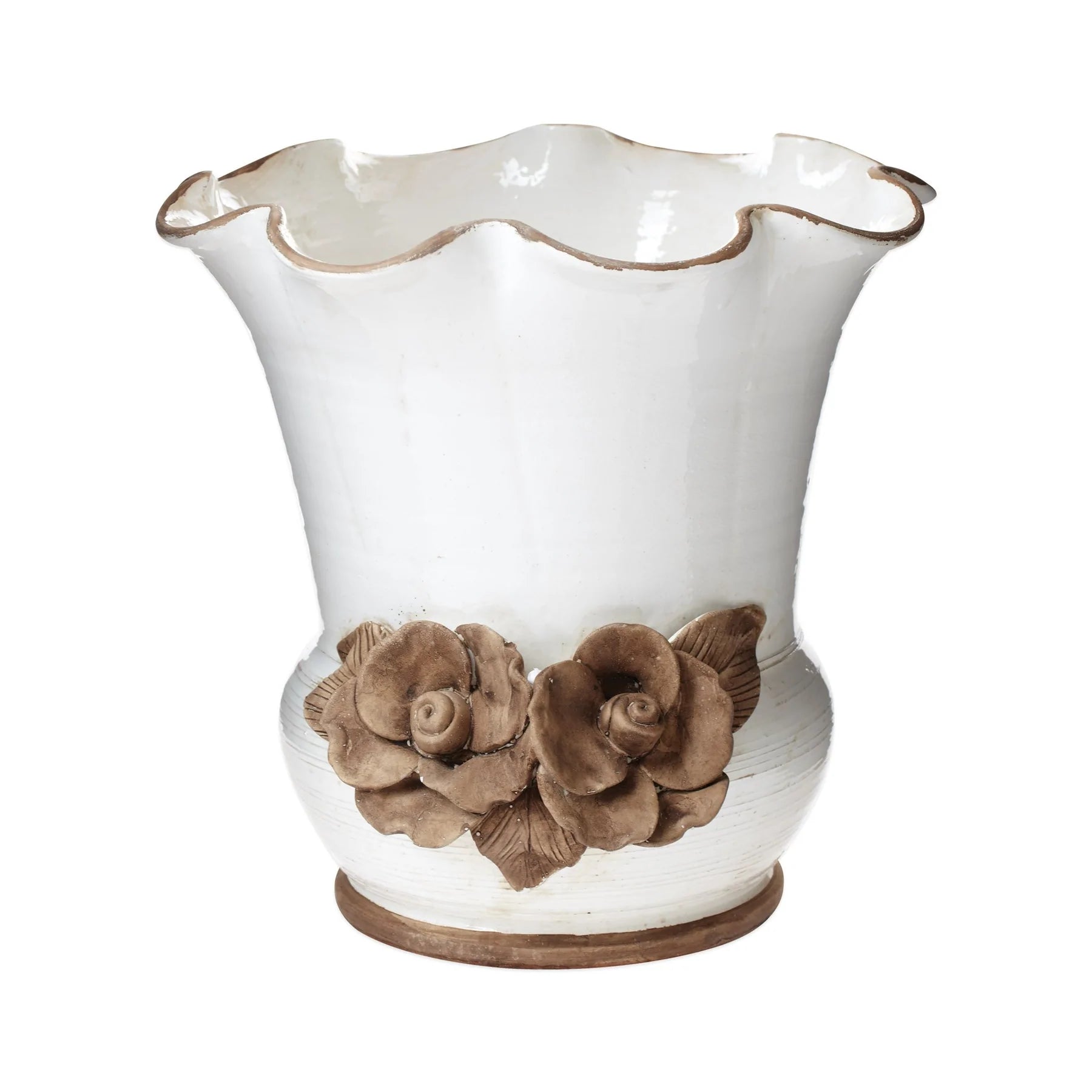 Vietri Rustic Garden White Scalloped Planter with Flowers