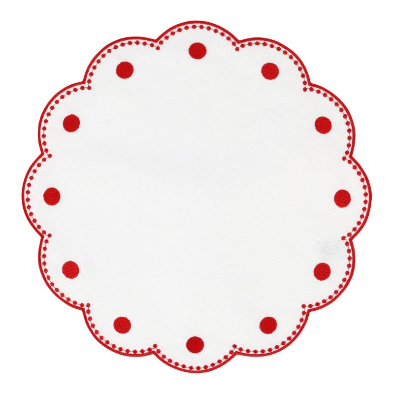 Tessuti White Round Placemats with Red Dots, Set of 4