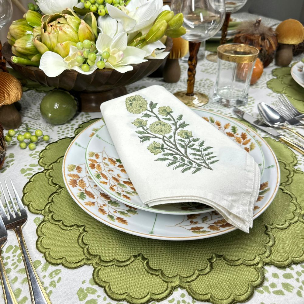 Green Flower Motif Napkin, Set of 4