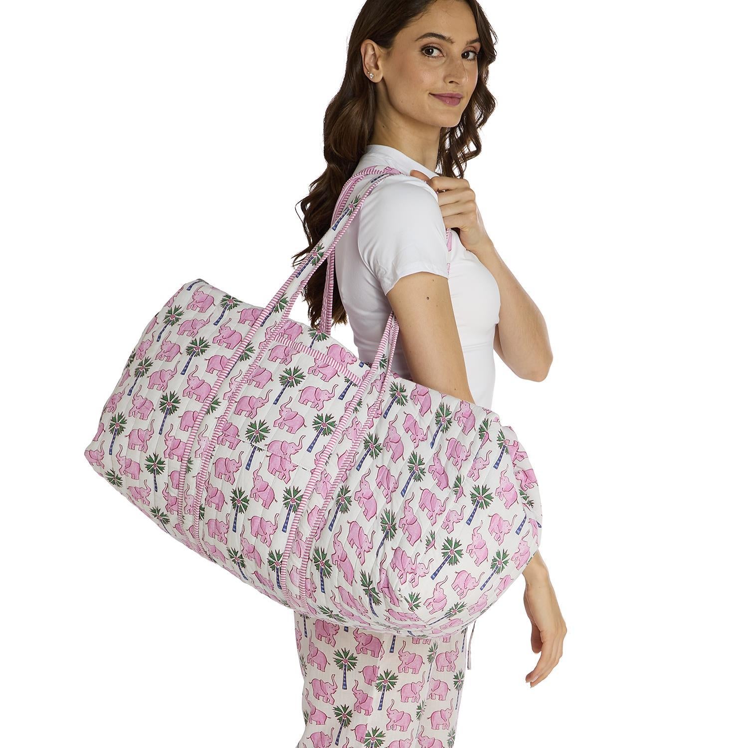 Lucky Elephant Printed Cotton Quilted Weekender Bag