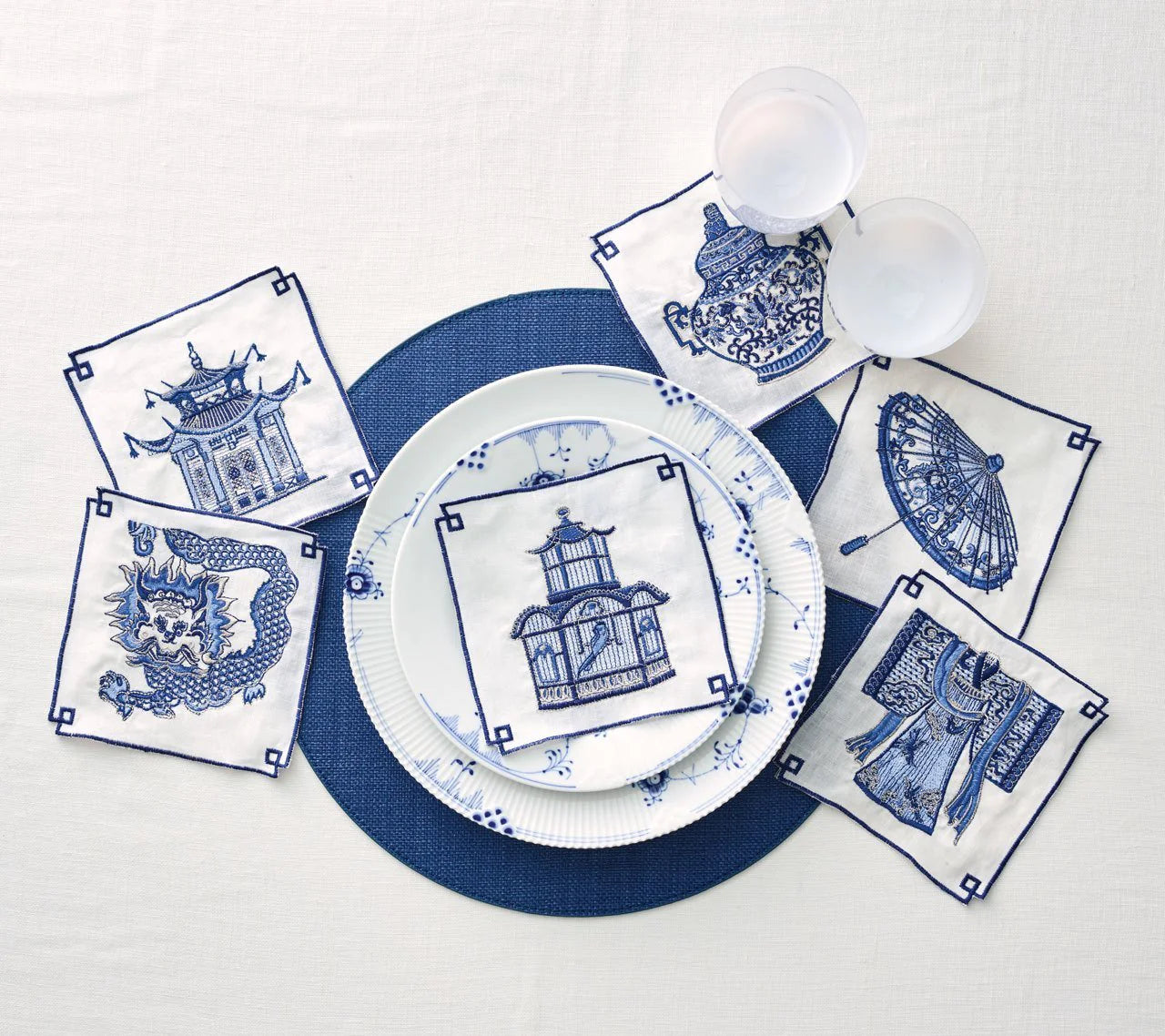Indochine Cocktail Napkins in White & Blue, Set of 6 in a Gift Box