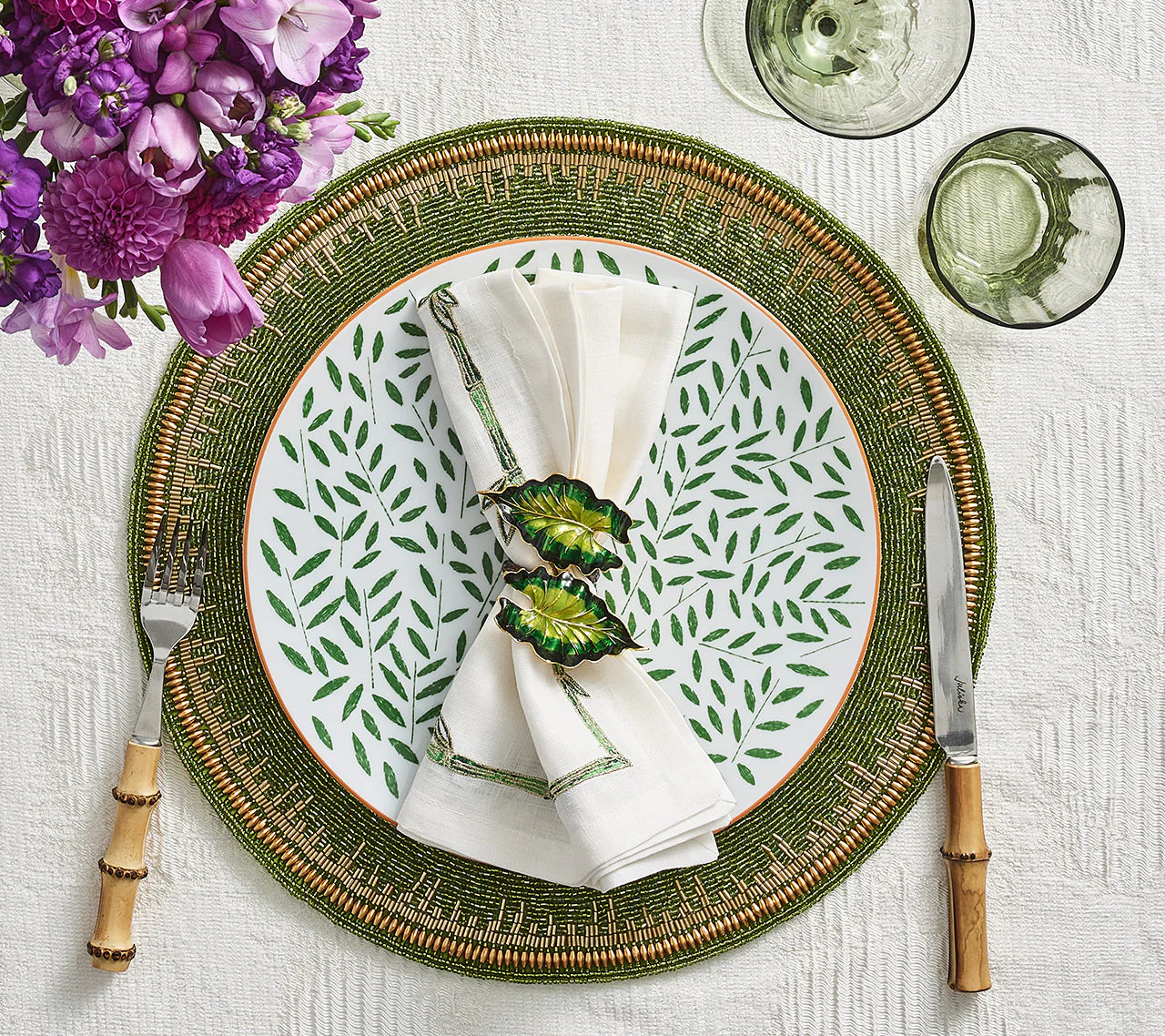 Bamboo Napkin in White, Green & Gold, Set of 4
