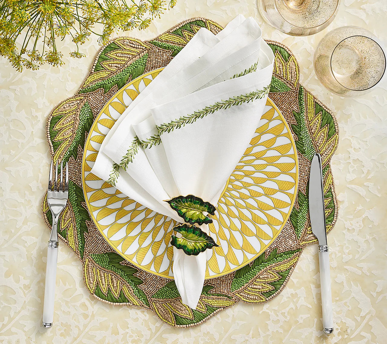Fern Napkin Ring in Green & Gold, Set of 4 in a Gift Box