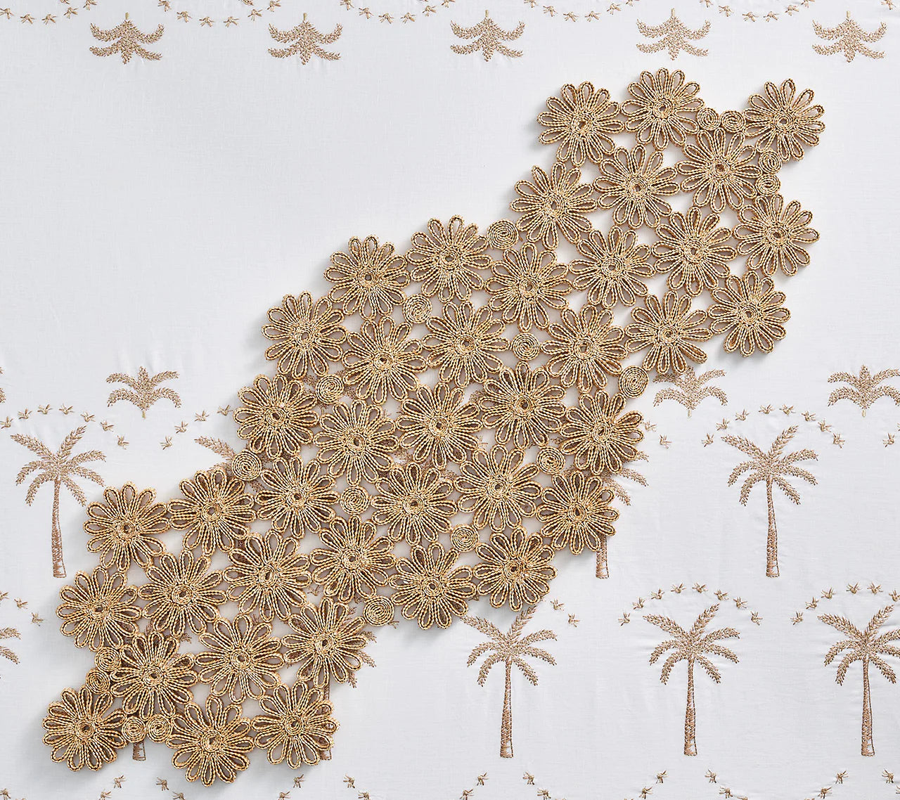 Embroidered Palm Tablecloth in White, Natural & Gold
