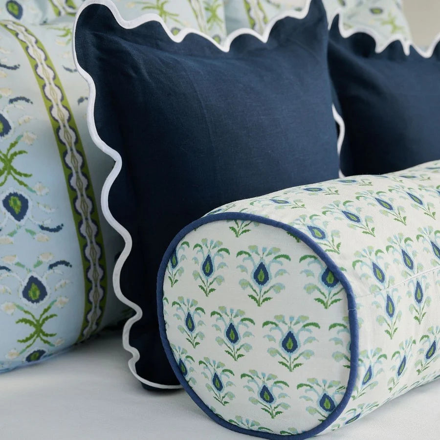 Rosemary White with Navy Piping Round Bolster Pillow