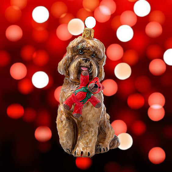 Labradoodle with Red & Green Teddy Bear Christmas Ornament