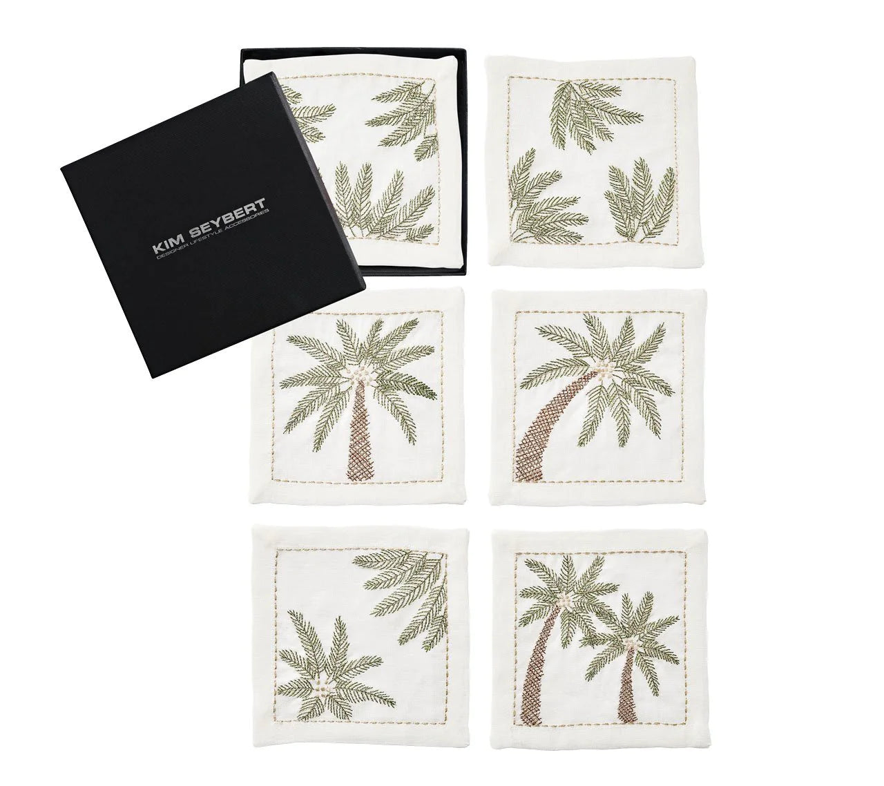 Palm Coast Cocktail Napkin in White, Green & Gold, Set of 6 in a Gift Box