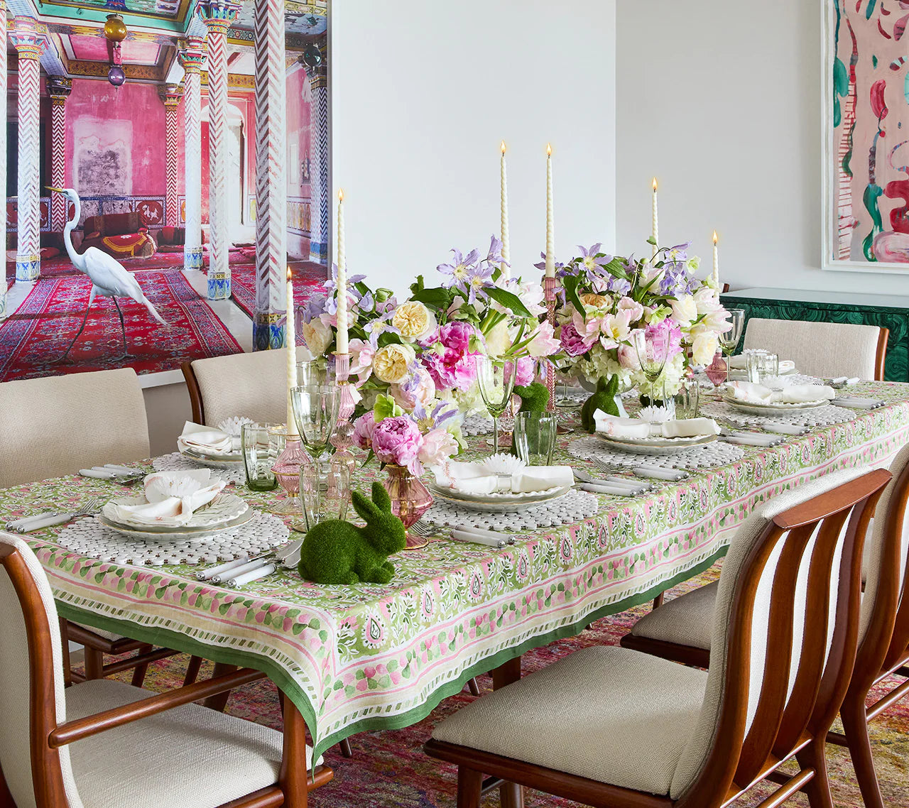 Mira Tablecloth in Green & Pink