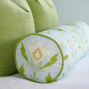 Petal Garden Aqua with Green Piping Round Bolster Pillow