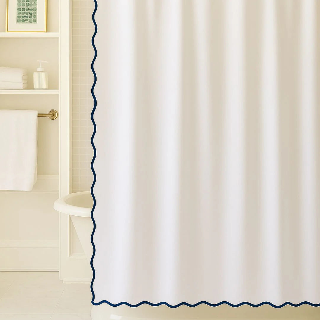 Scalloped Shower Curtain, Navy/White (New)
