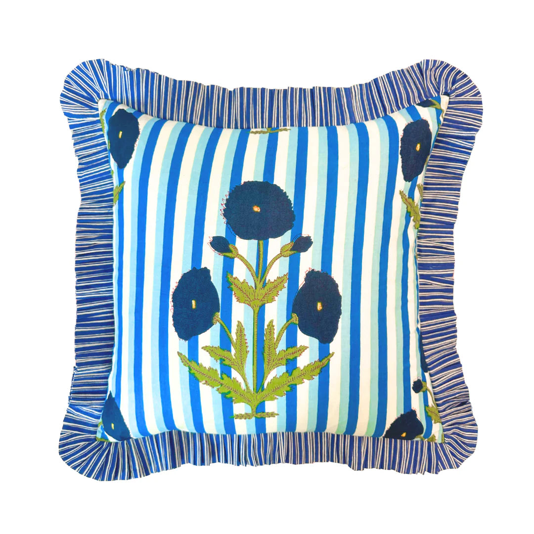 Marigold Stripes Block Print Throw Pillow, Blue