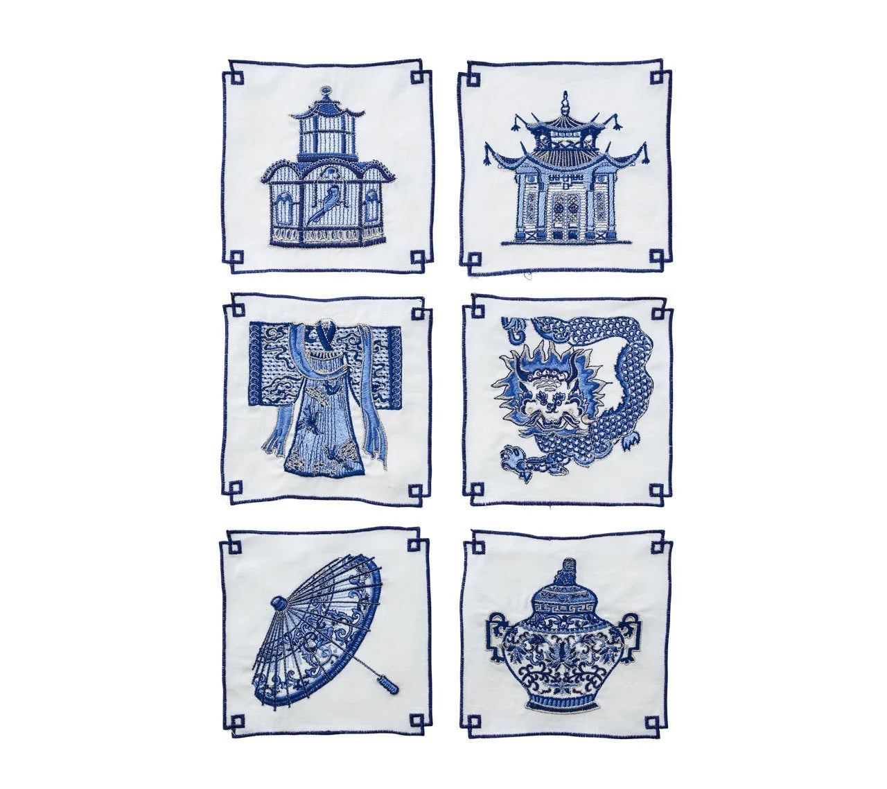 Indochine Cocktail Napkins in White & Blue, Set of 6 in a Gift Box