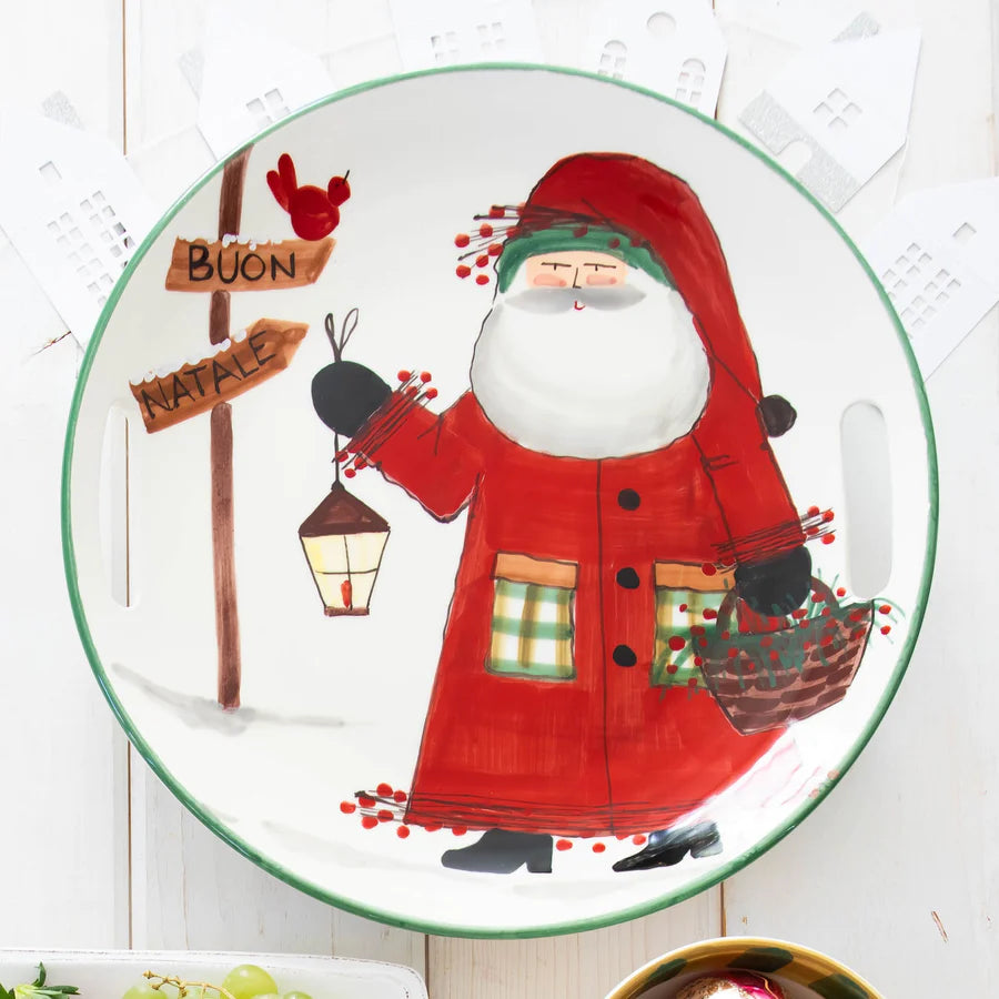 Old St. Nick Handled Round Tray with Lantern